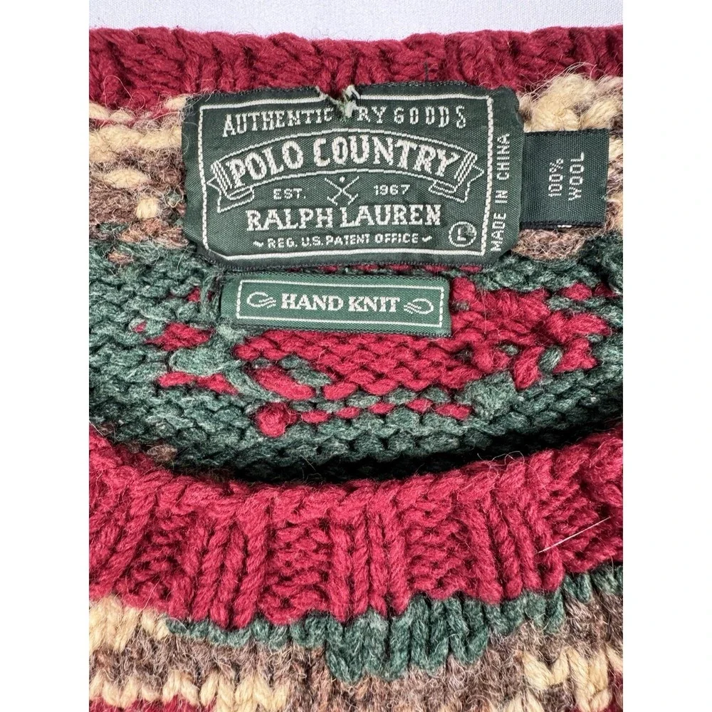 Vtg Polo Country Ralph Lauren Hand Knit 100% Wool Aztec Sweater Mens L Red